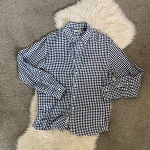 Vert & Vogue Linen Plaid Long Sleeve Button Down in Blue & Dark Brown - Size L